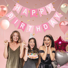 KINGLAKE GARDEN decor ideas using pink birthday banner on walls and mantels.