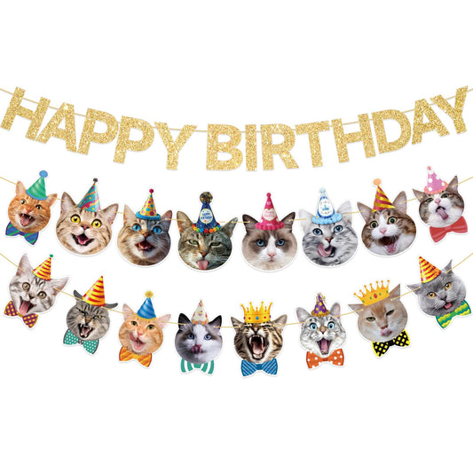 KingZone Cat Happy Birthday Banner with glitter foil, ideal as a party backdrop