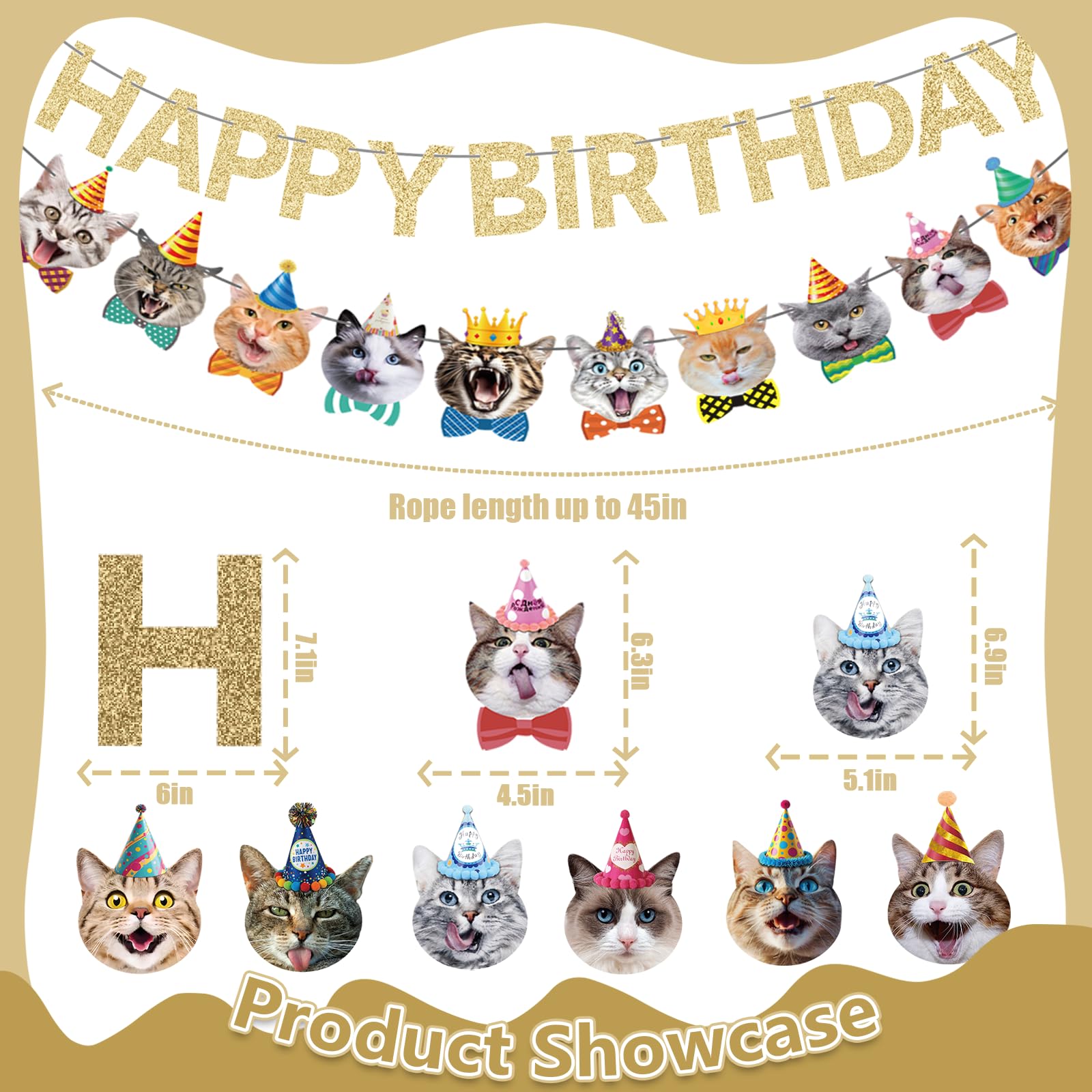 KingZONE Cat Happy Birthday Banner glitter foil print sparkles for photos.