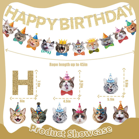 KingZONE Cat Happy Birthday Banner glitter foil print sparkles for photos.