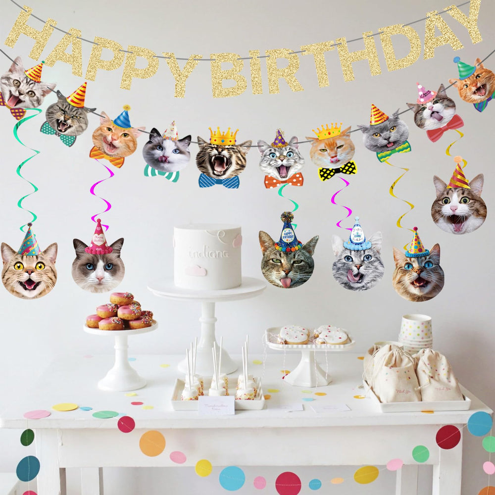 KingZONE Cat Happy Birthday Banner doubles as a centerpiece and backdrop.