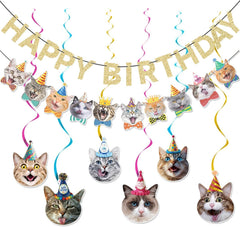 KingZONE Cat Happy Birthday Banner wall backdrop for a festive party setup.