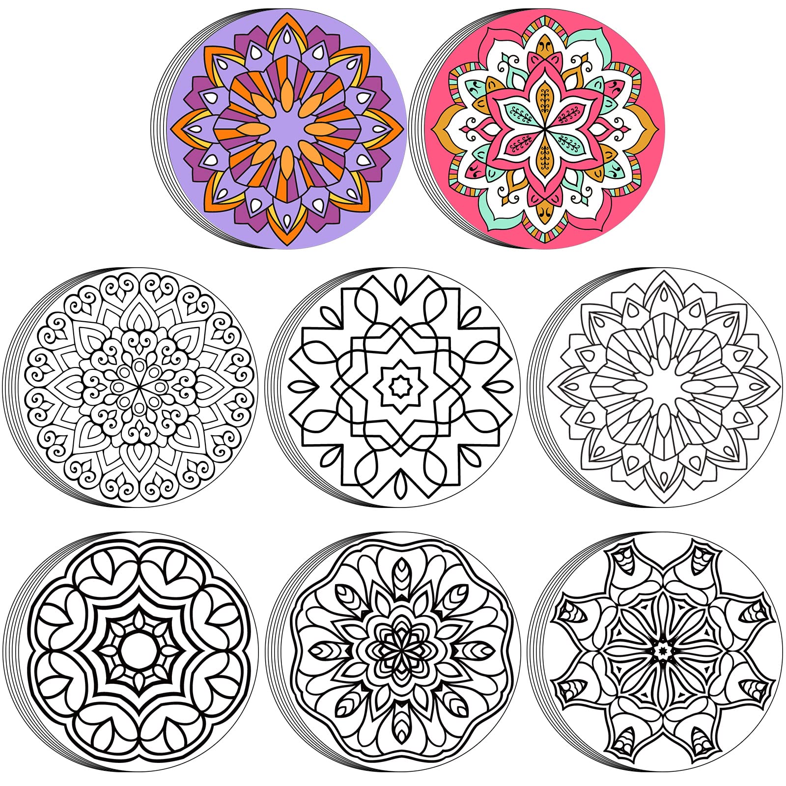 Kinlop mandala coloring cards showcase 8.66-inch posters for relaxing coloring sessions.