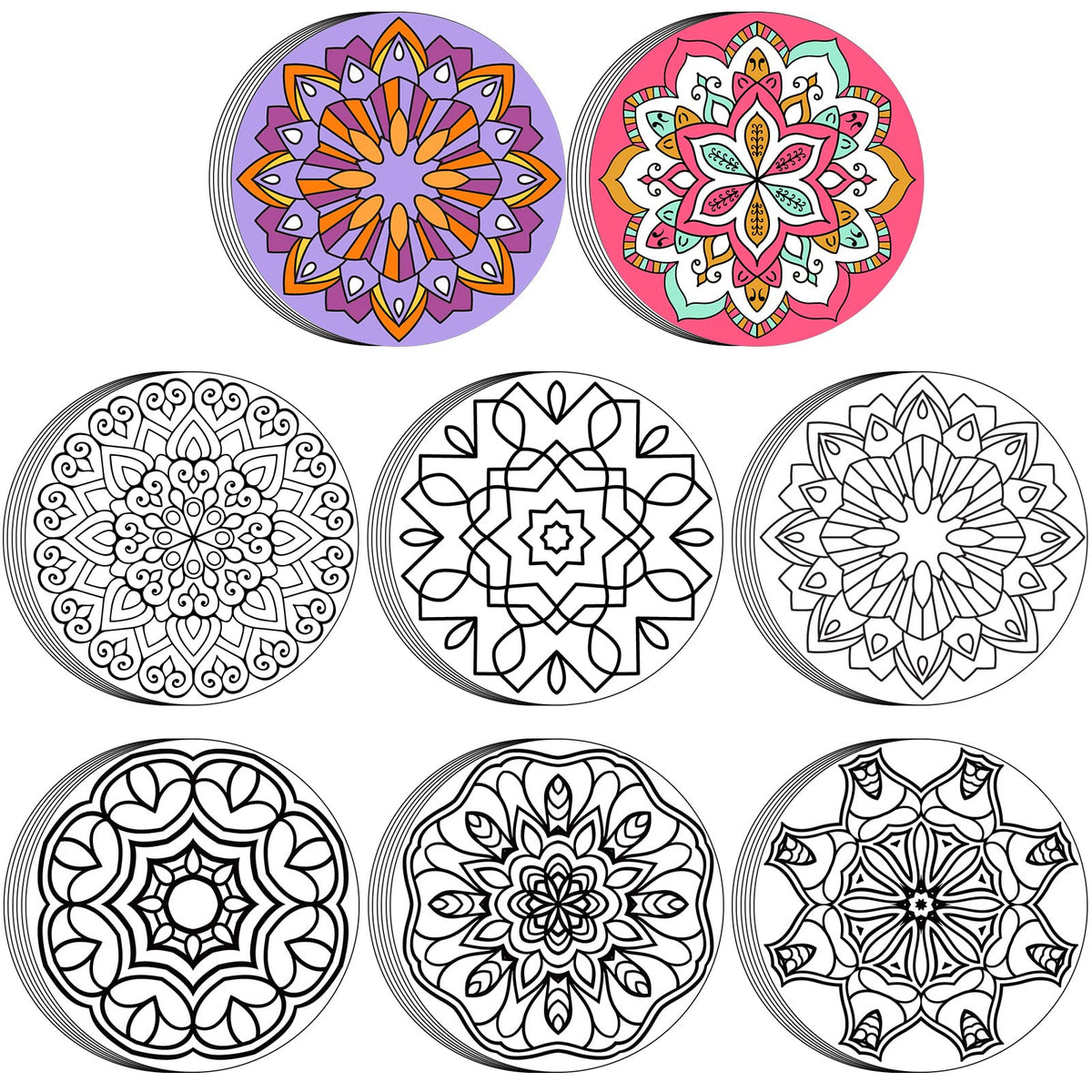 Kinlop mandala coloring cards showcase 8.66-inch posters for relaxing coloring sessions.