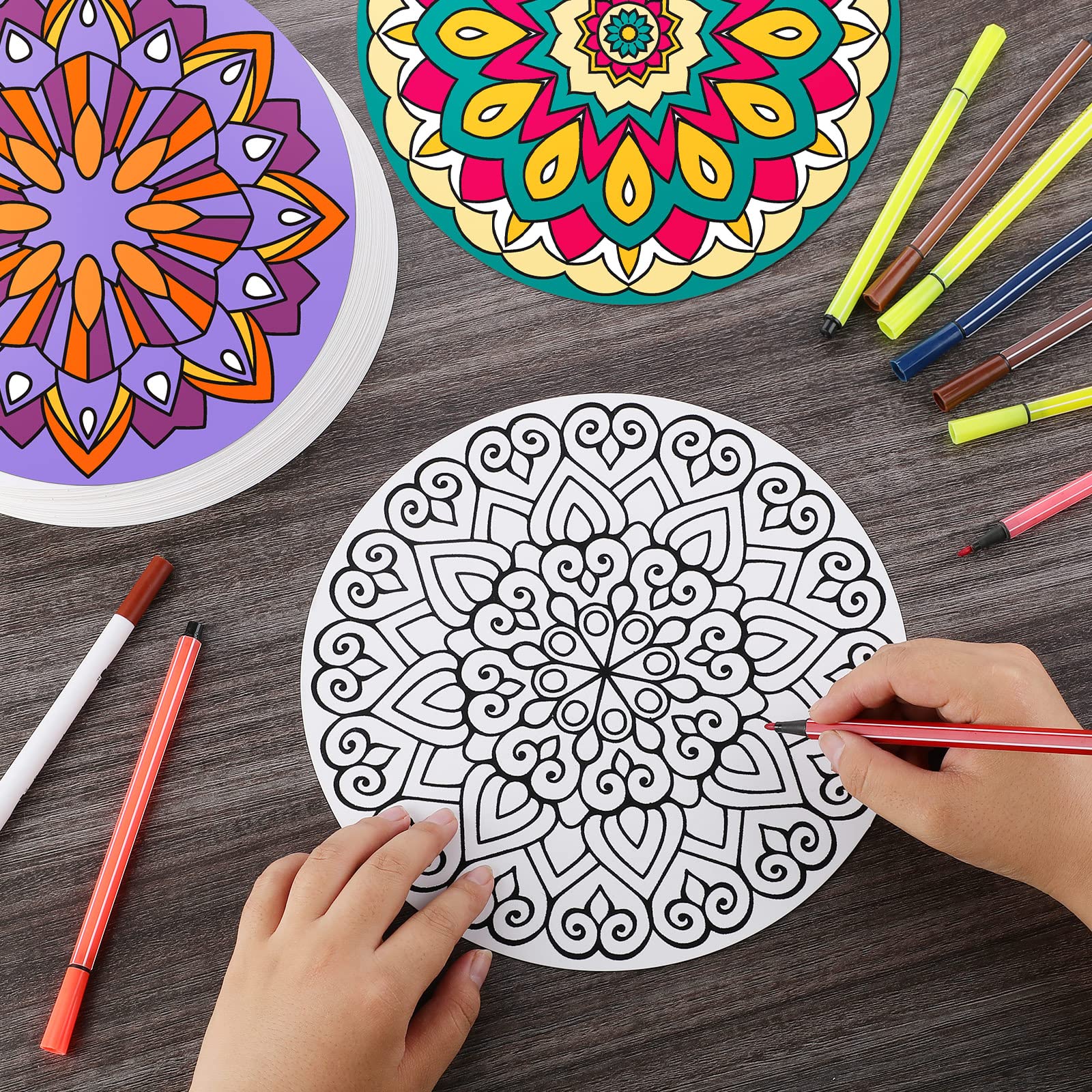 Kinlop mandala coloring cards display bright, intricate designs for focus.