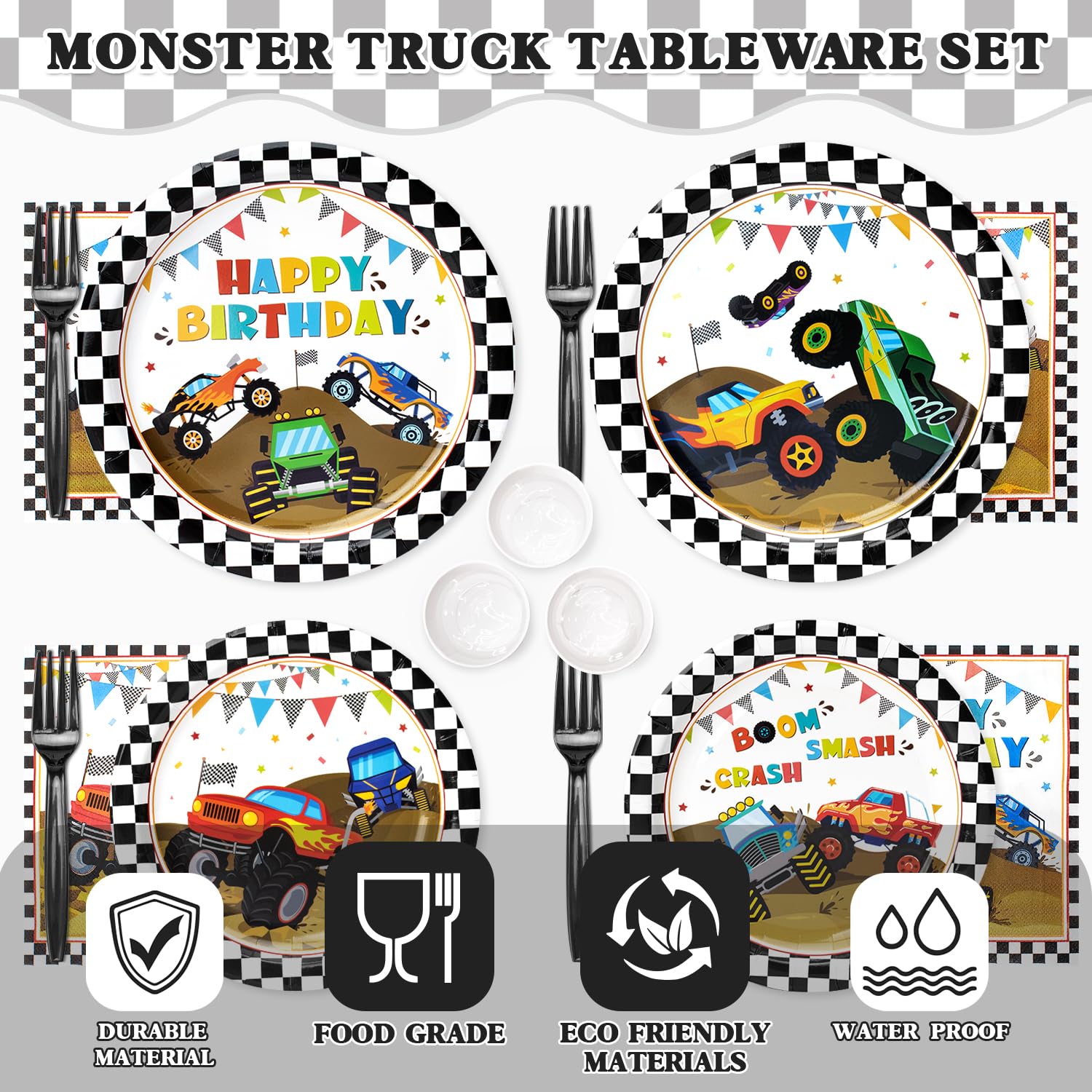 Kinovo Monster Truck balloons in race colors for vibrant decor.