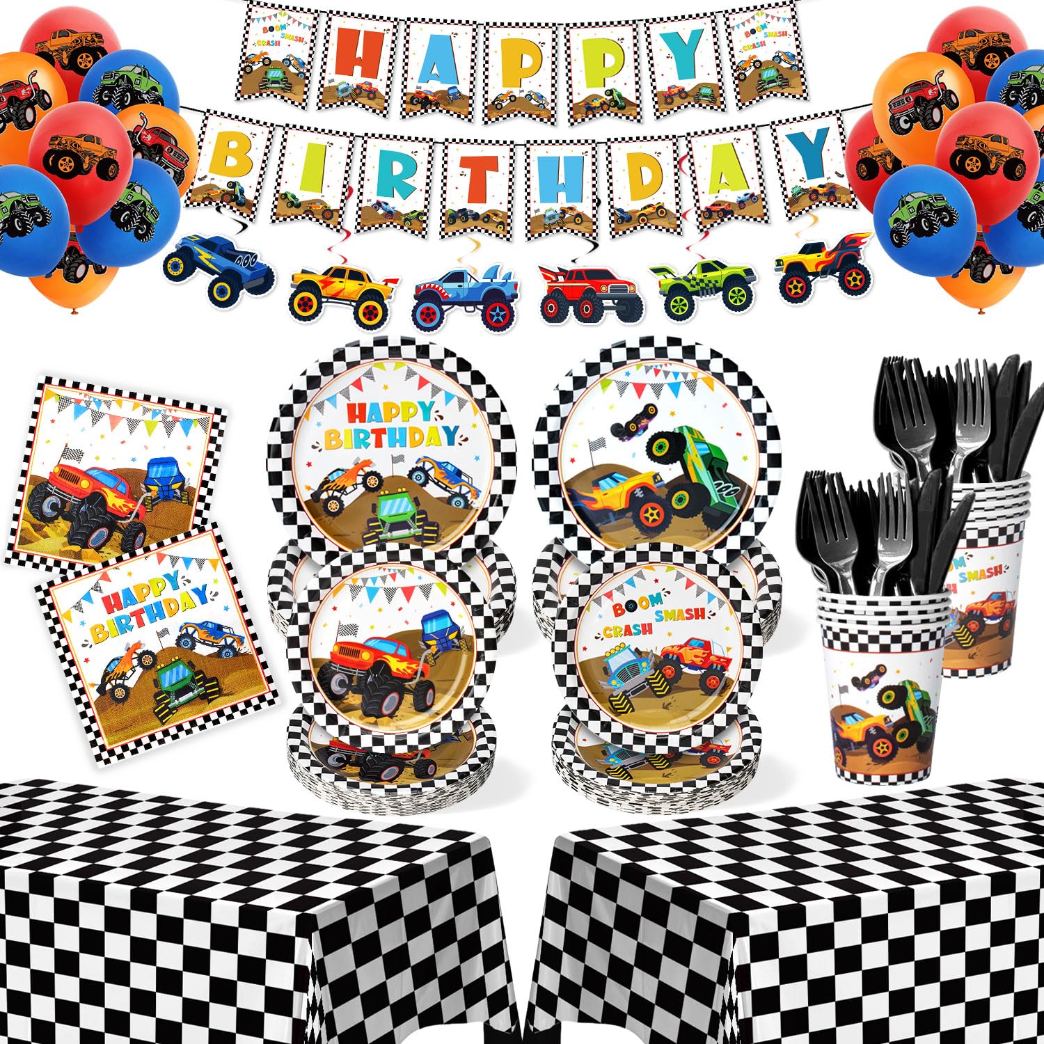 Kinovo Monster Truck banner and ornaments add festive party decor.