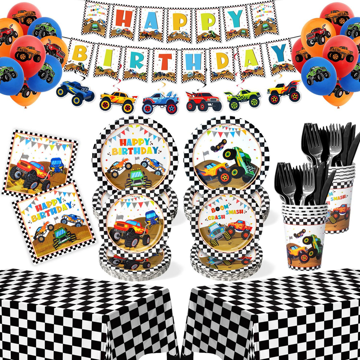 Kinovo Monster Truck banner and ornaments add festive party decor.