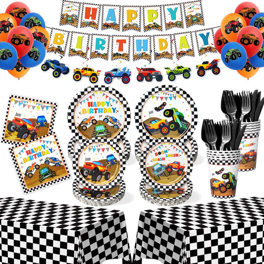 Kinovo Monster Truck banner and ornaments add festive party decor.