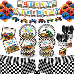 Kinovo Monster Truck banner and ornaments add festive party decor.