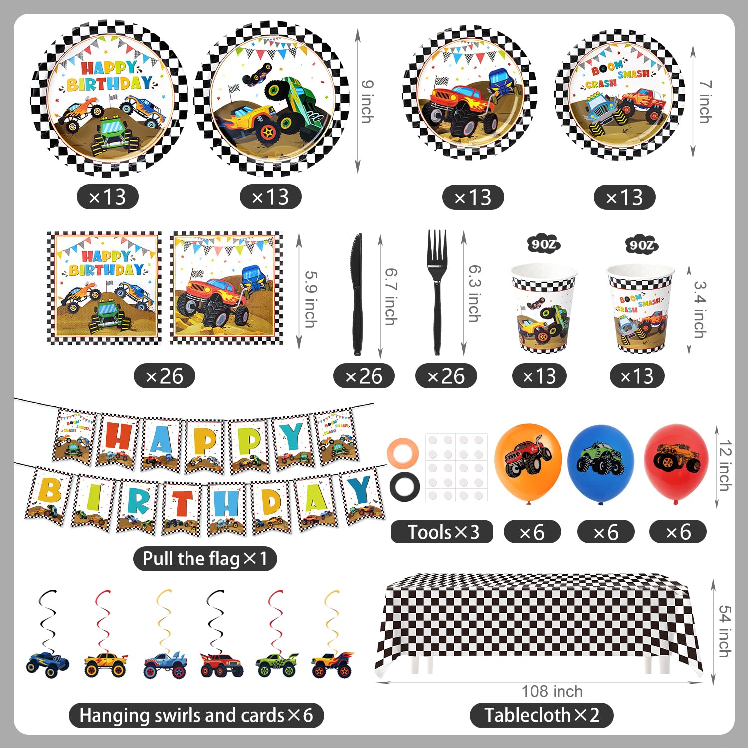 Kinovo Monster Truck napkins and black cutlery for easy setup.
