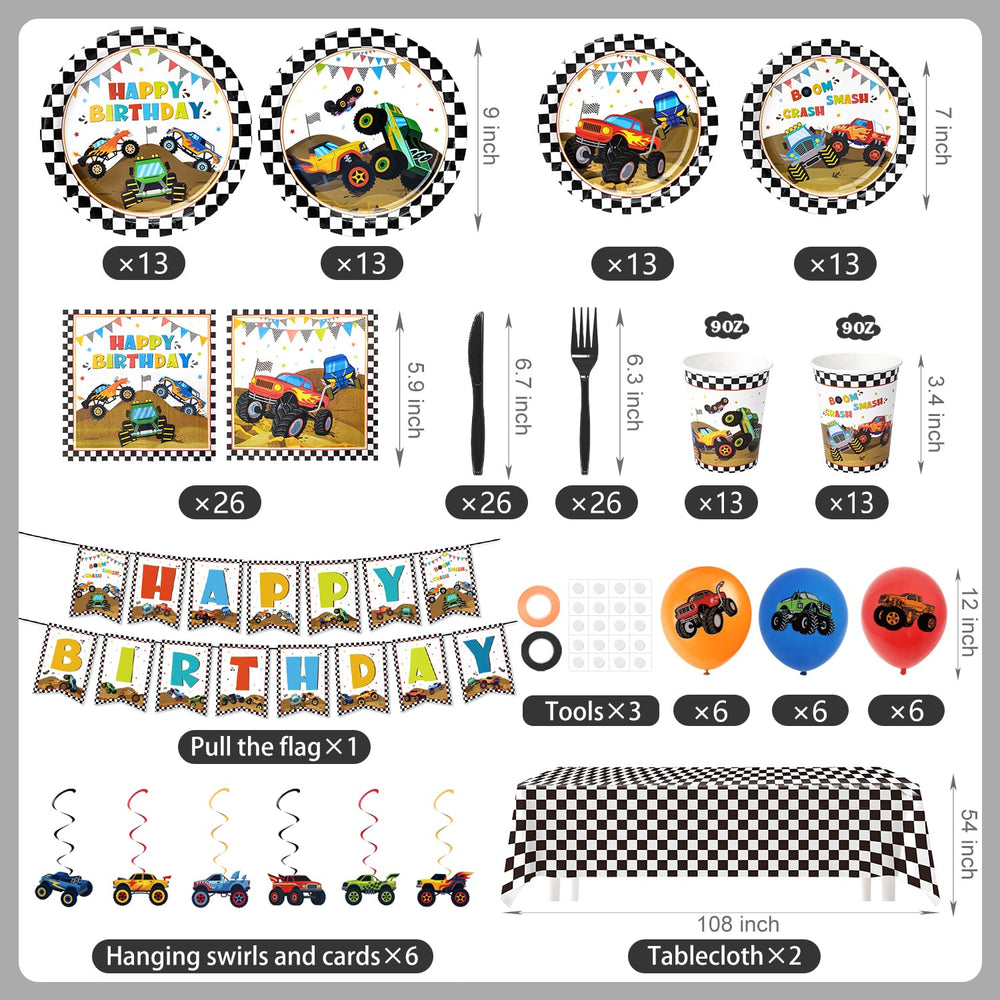 Kinovo Monster Truck napkins and black cutlery for easy setup.
