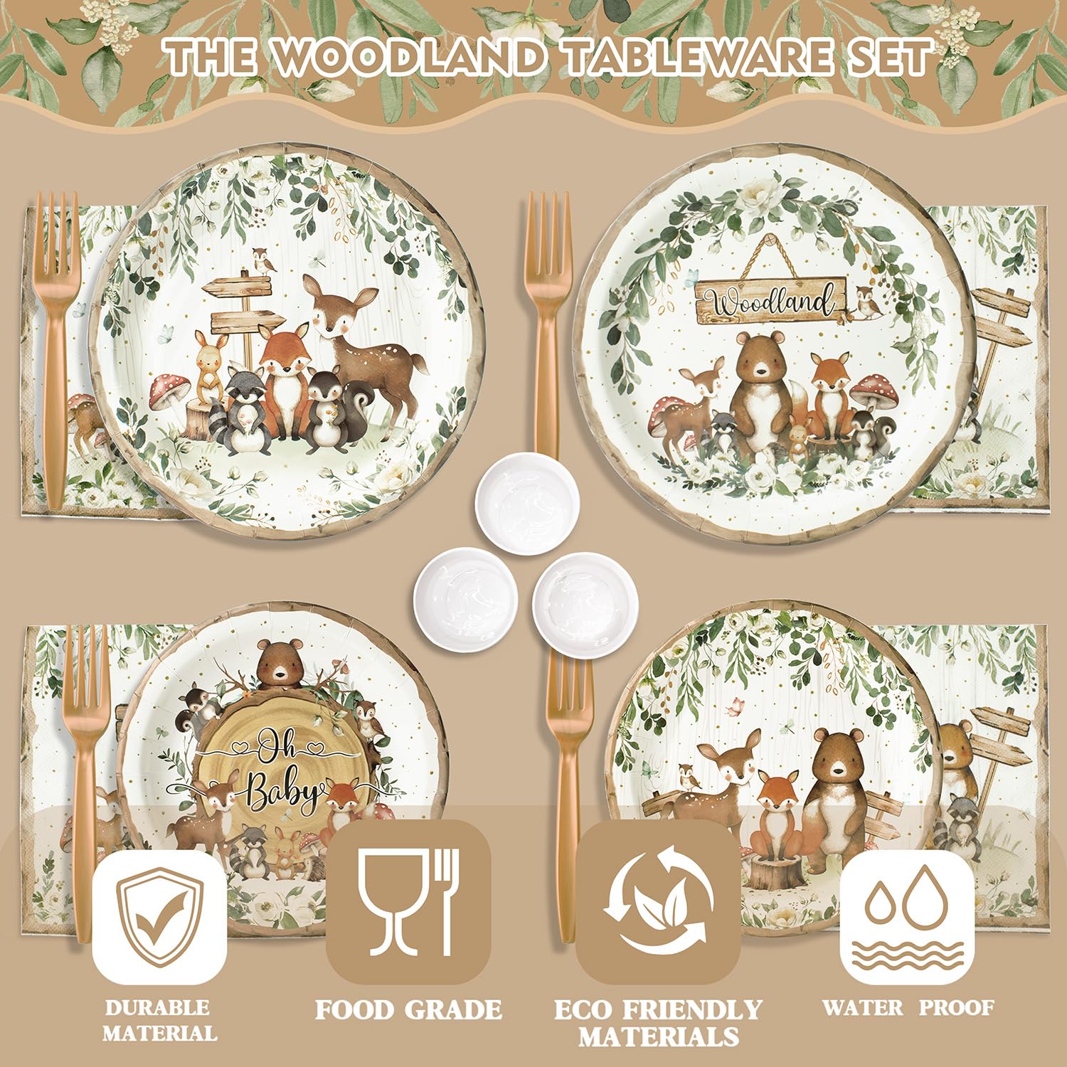 Kinovo woodland animals background adds whimsy to the tablescape.