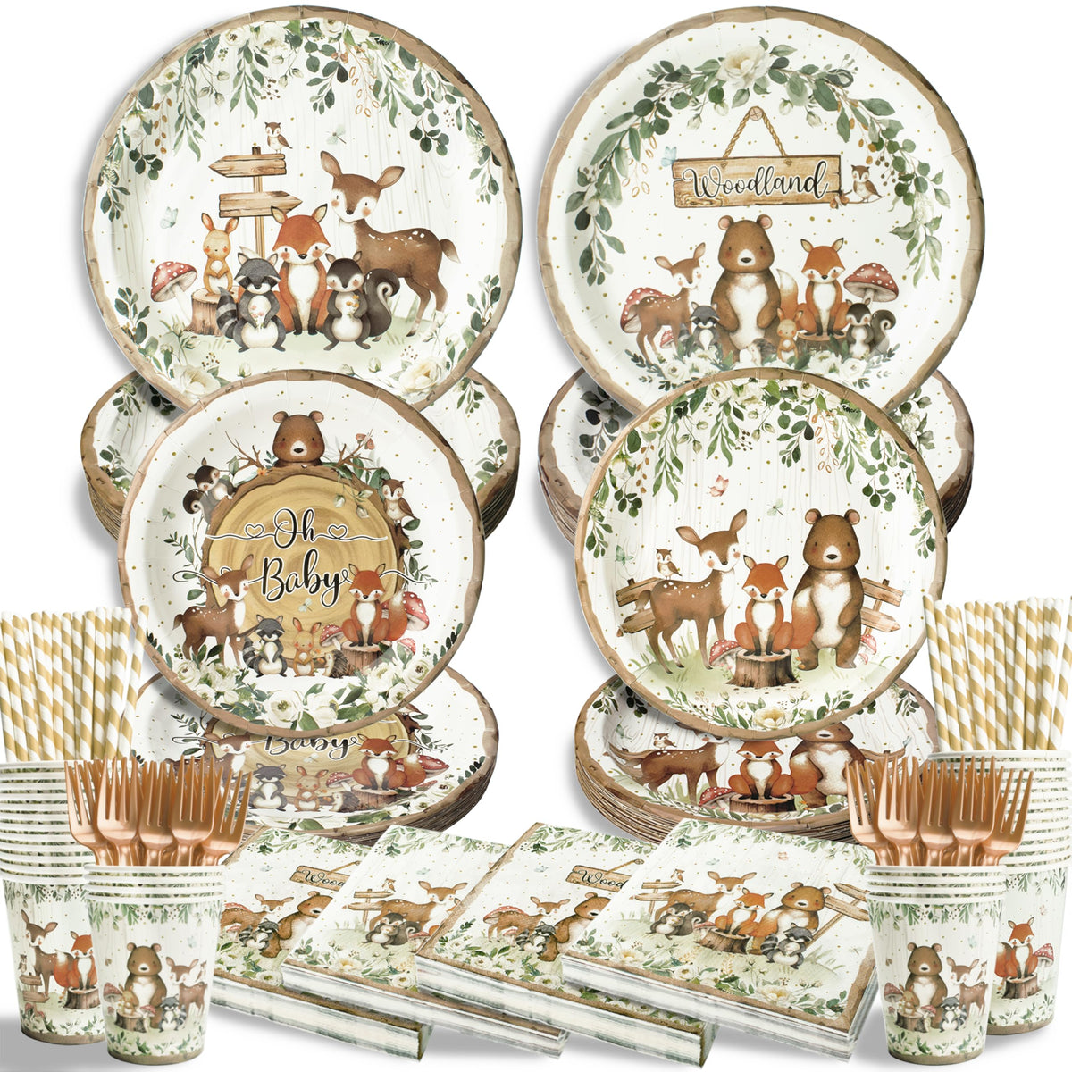 Kinovo woodland 9-inch plates provide sturdy dinnerware for a baby shower.