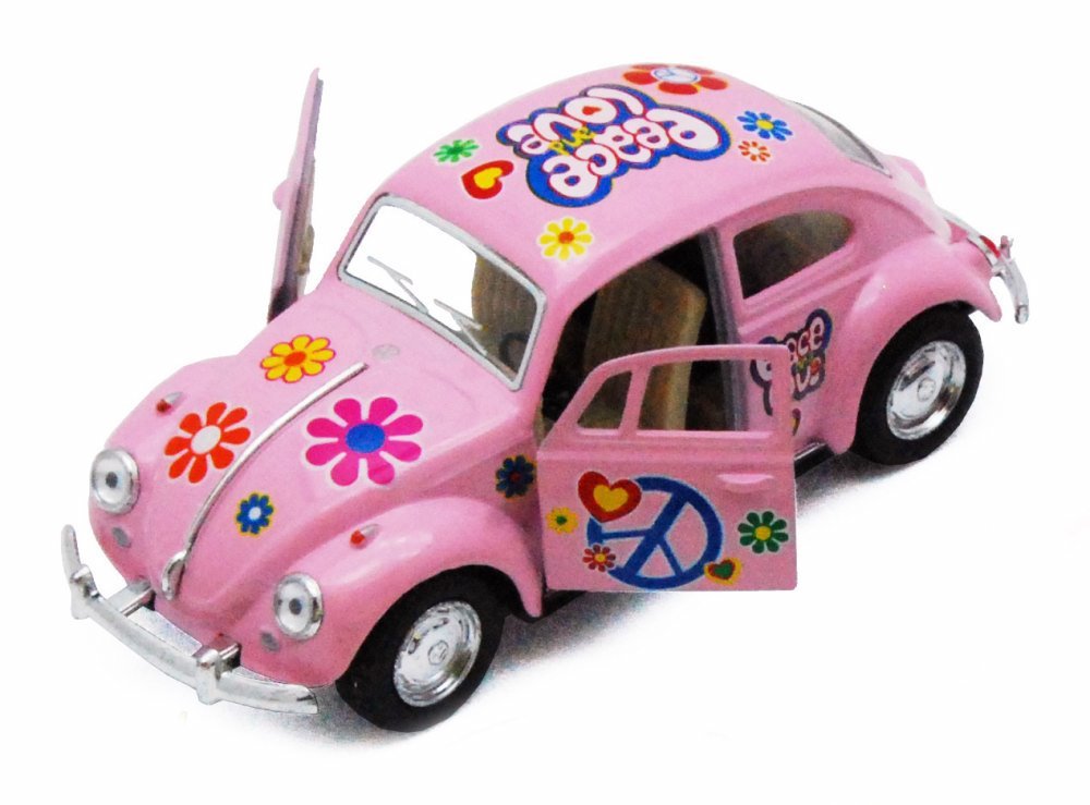KiNSMART 1967 VW Beetle in pastel with flower decals enhances display and imaginative play