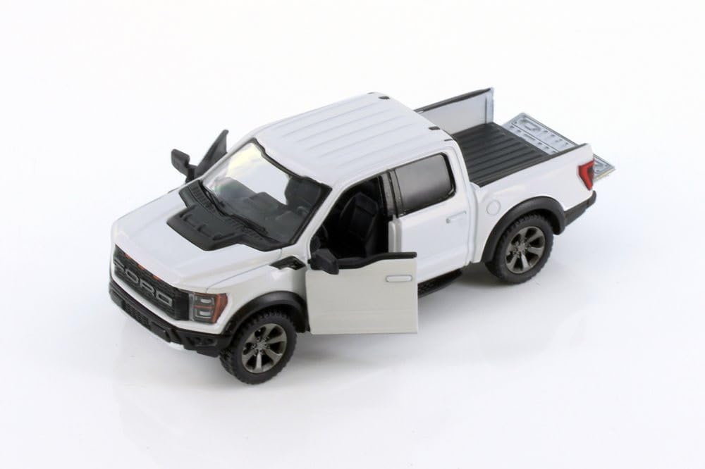 KiNSMART Ford F-150 Raptor white side view showcases collectible detail for display