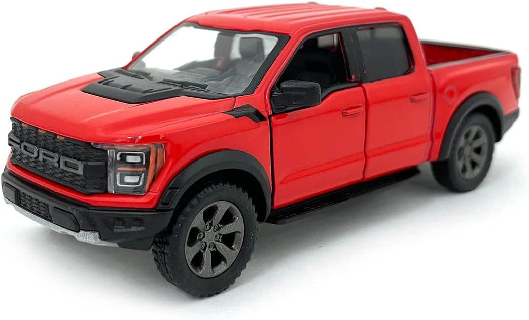KiNSMART Ford F-150 Raptor 5-inch black die-cast model with opening doors for display.
