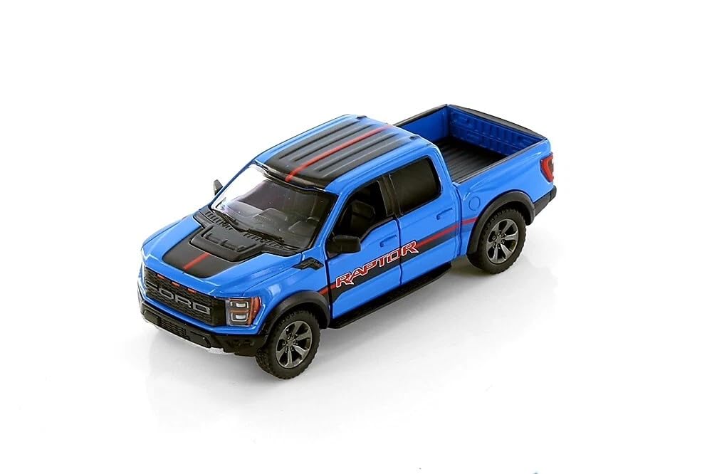 KiNSMART Ford F-150 Raptor blue die-cast model with opening doors for display