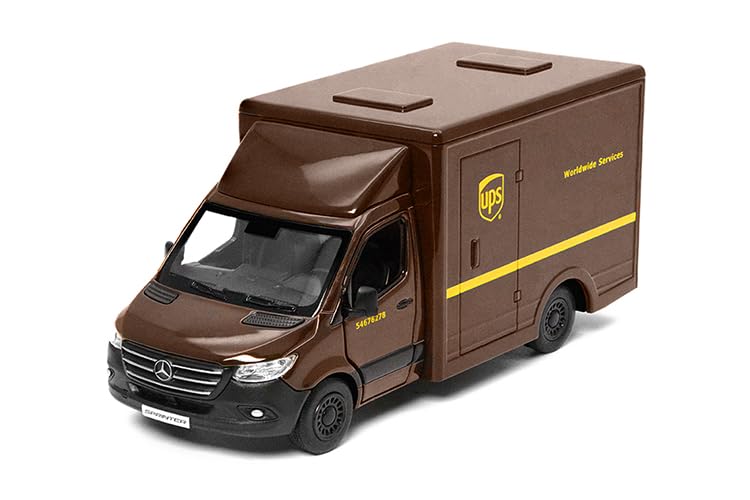 KiNSMART Mercedes-Benz Sprinter Cargo Van 1:48 scale model with pull-back action and opening rear doors for display.