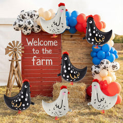 KINYFY black walking chicken balloon full setup, accents barnyard scenes