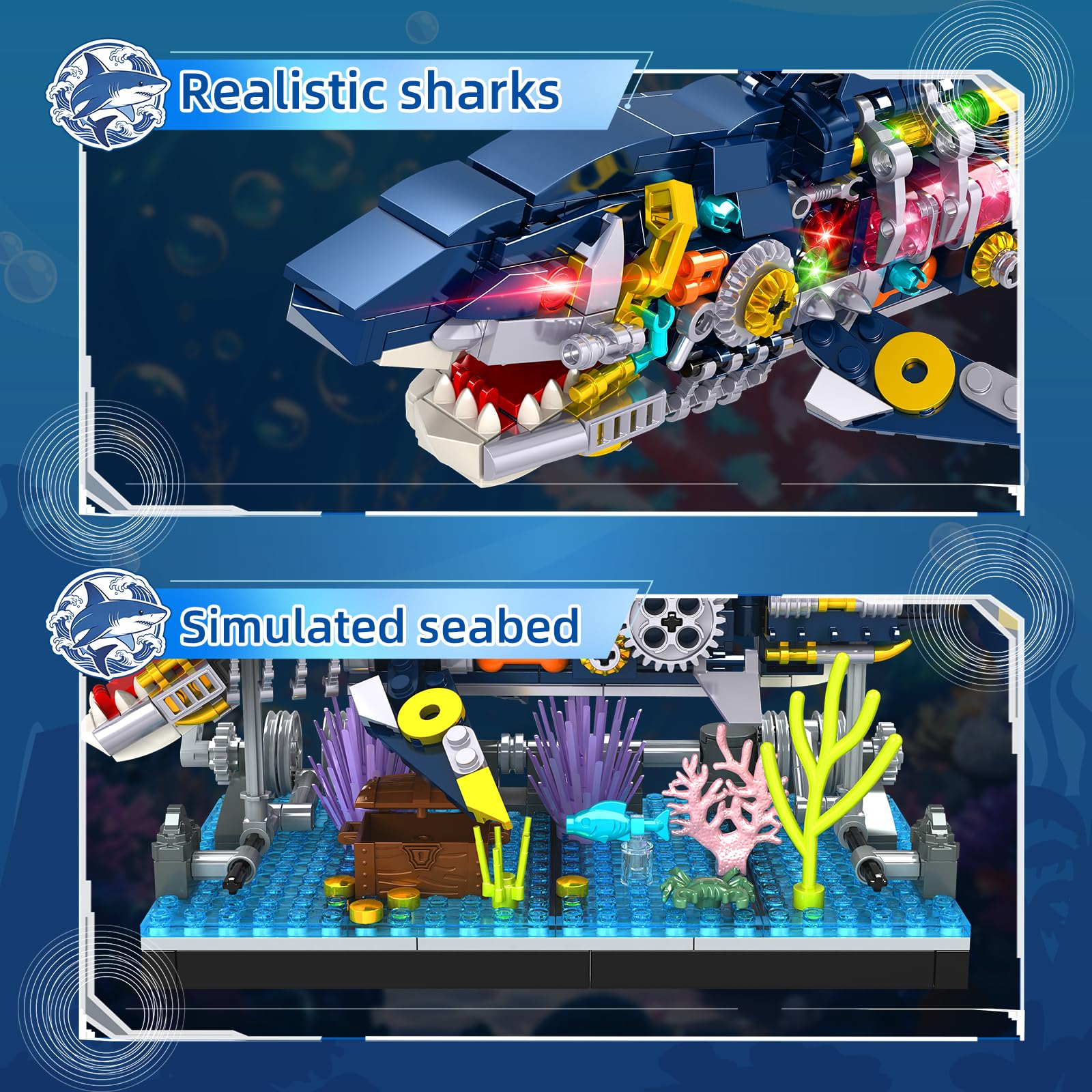 Kiothdre Shark Building Set coral details enhance visual appeal and ocean theme.