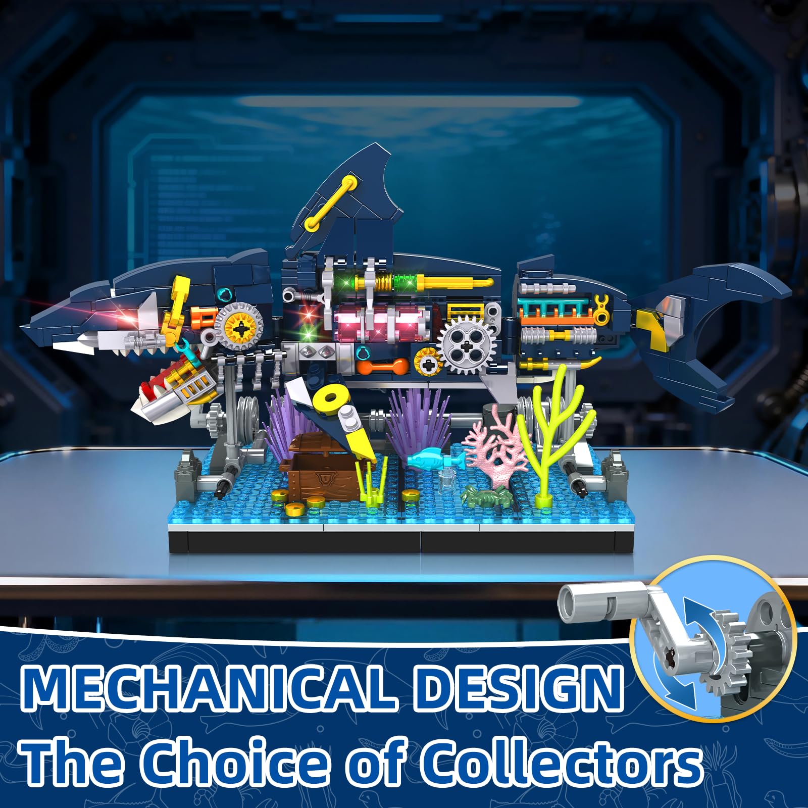 Kiothdre Shark Building Set ocean base creates immersive underwater scene on a desk.