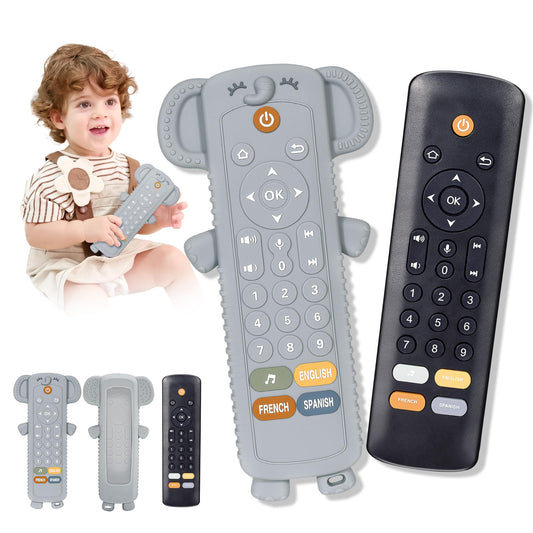 KIRALUMI baby remote with silicone-teether cover for teething and pretend play.