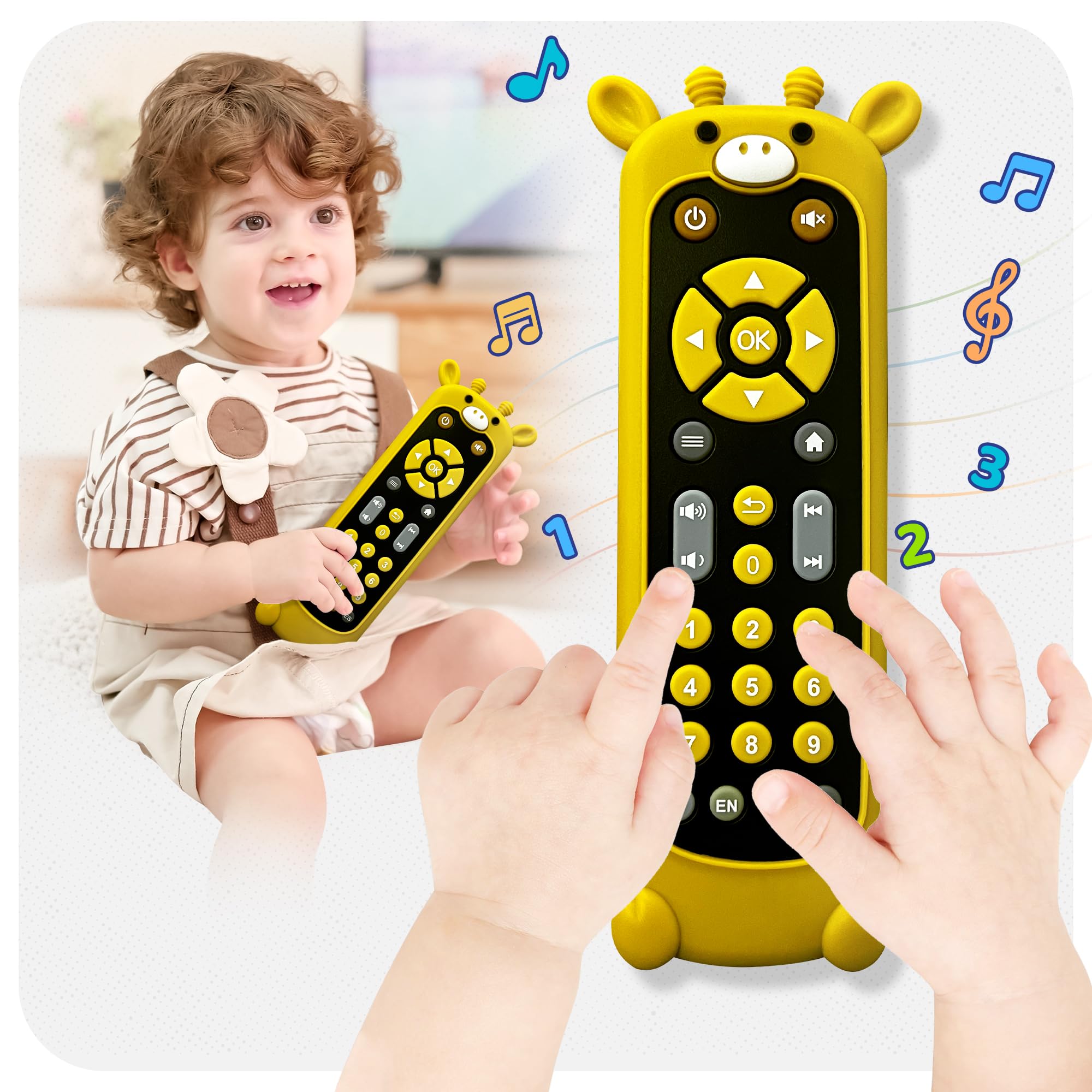 KIRALUMI baby remote with giraffe silicone cover supports teething relief and imaginative play