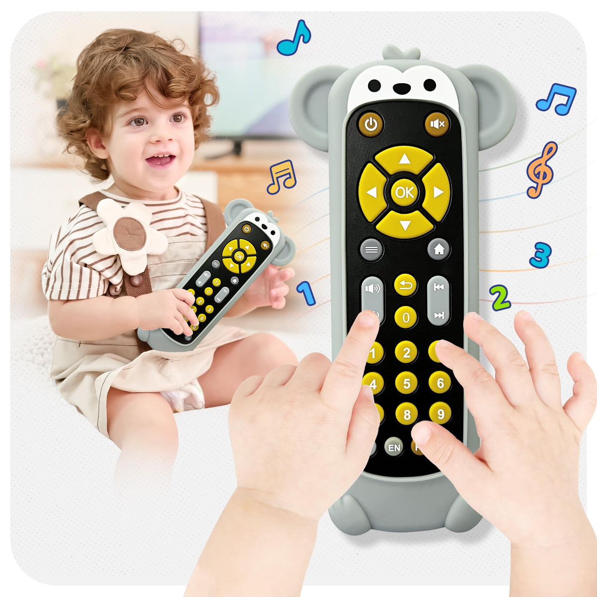 KIRALUMI baby remote with monkey silicone cover for engaging play and teething relief.
