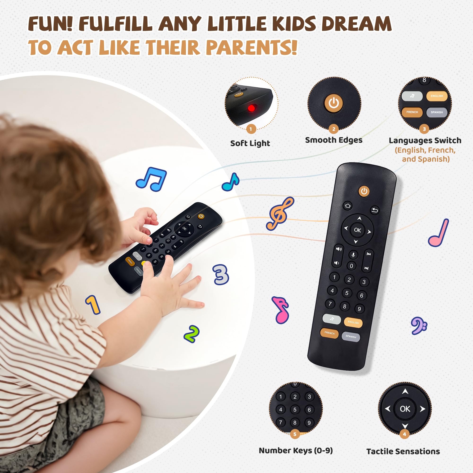 KIRALUMI remote toy buttons closeup highlighting color and shape cues for toddlers