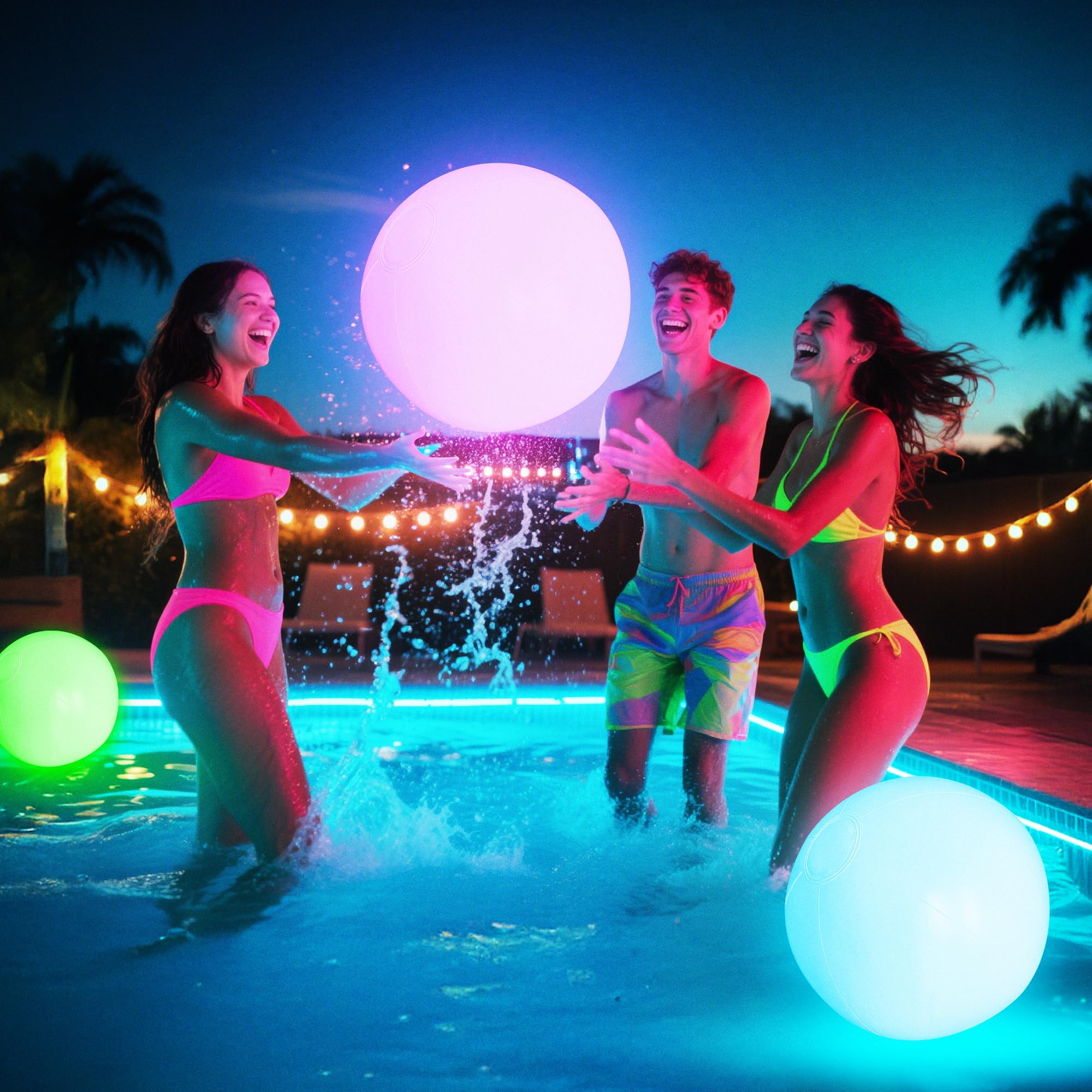 KIRALUMI glow beach ball 16-inch in action for night-time pool fun.
