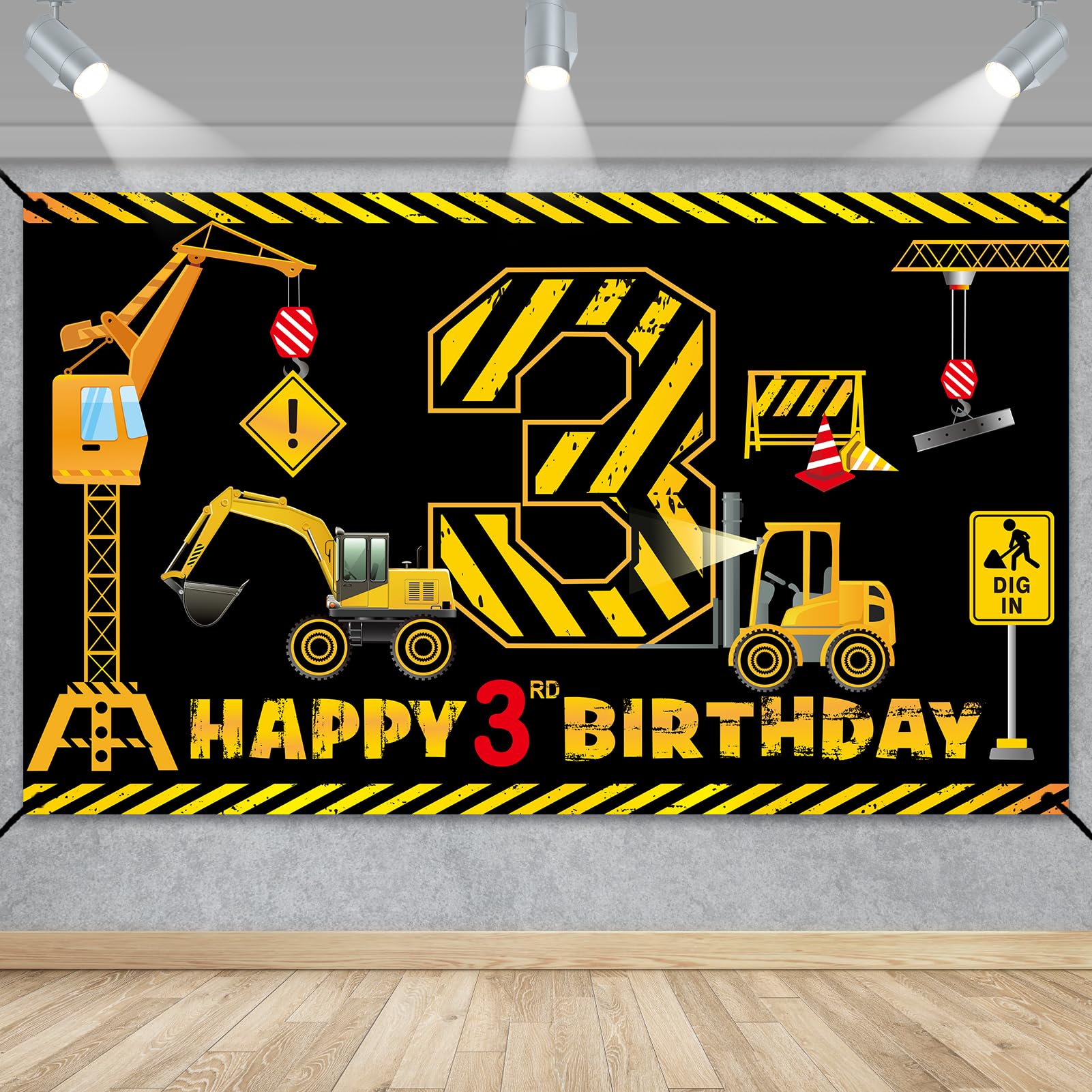 Kircirx excavator banner front view with bold 3 for quick party setup.