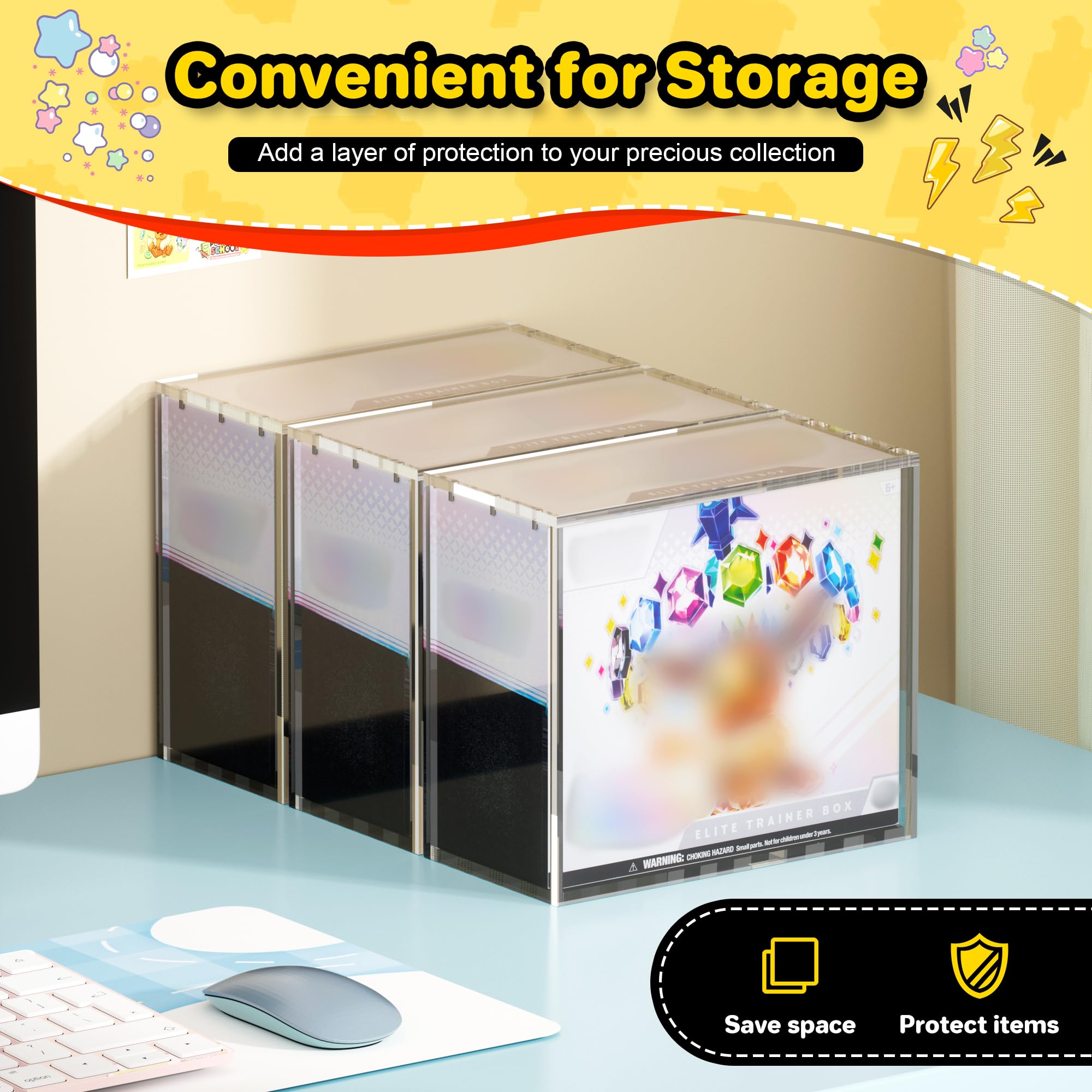 Kisbox ETB crystal-clear showcase enhances presentation of sealed collectibles.