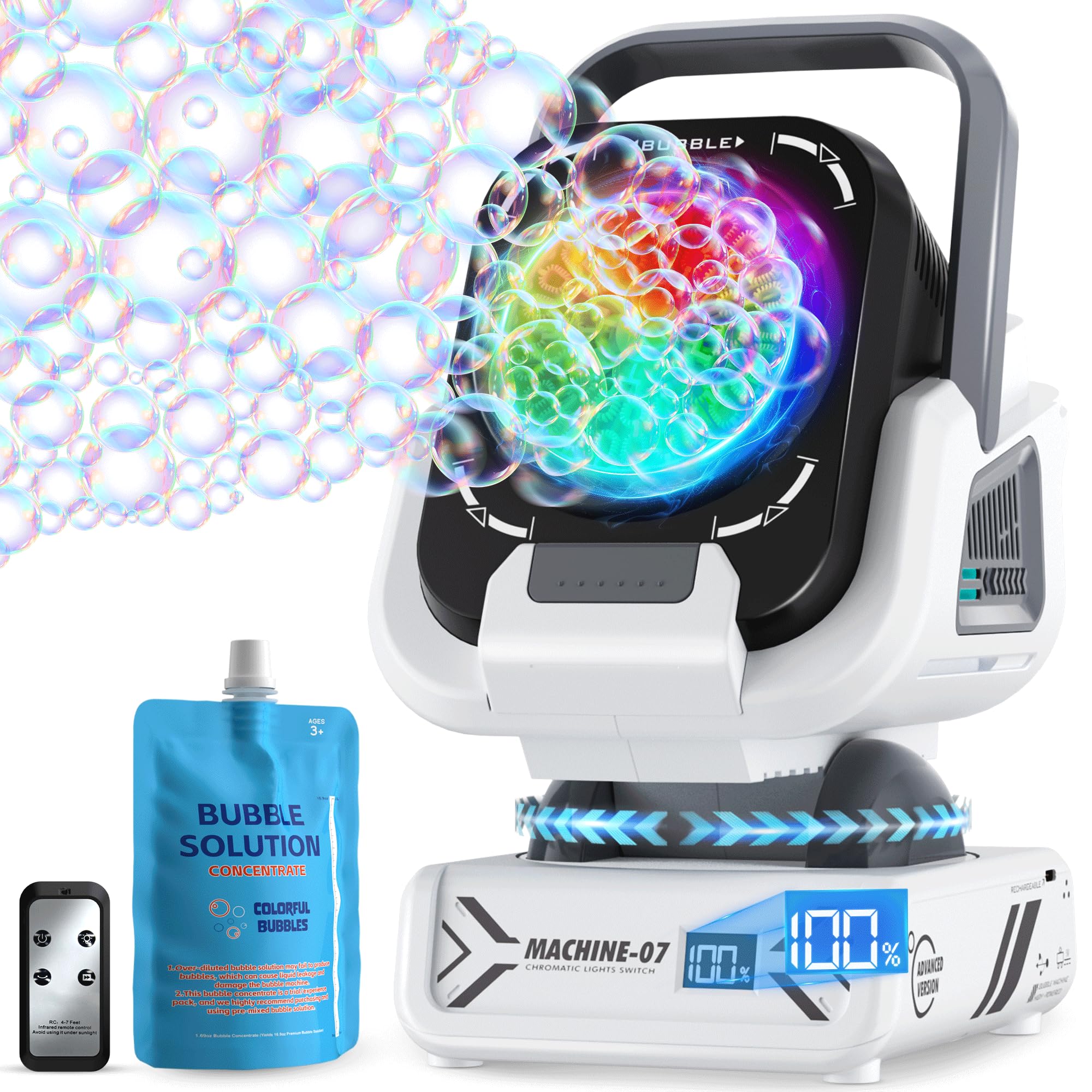 Kiskey bubble machine front view with vibrant lights for lively indoor parties