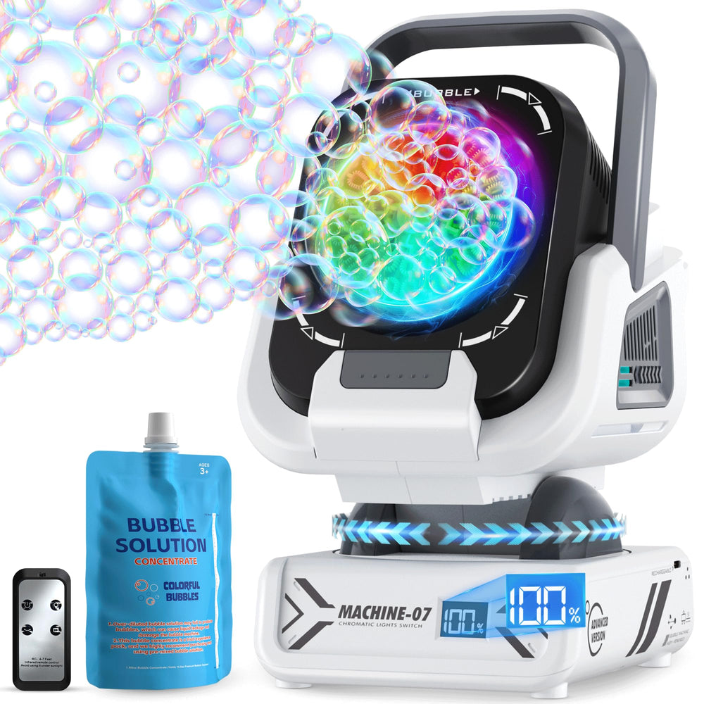 Kiskey bubble machine front view with vibrant lights for lively indoor parties