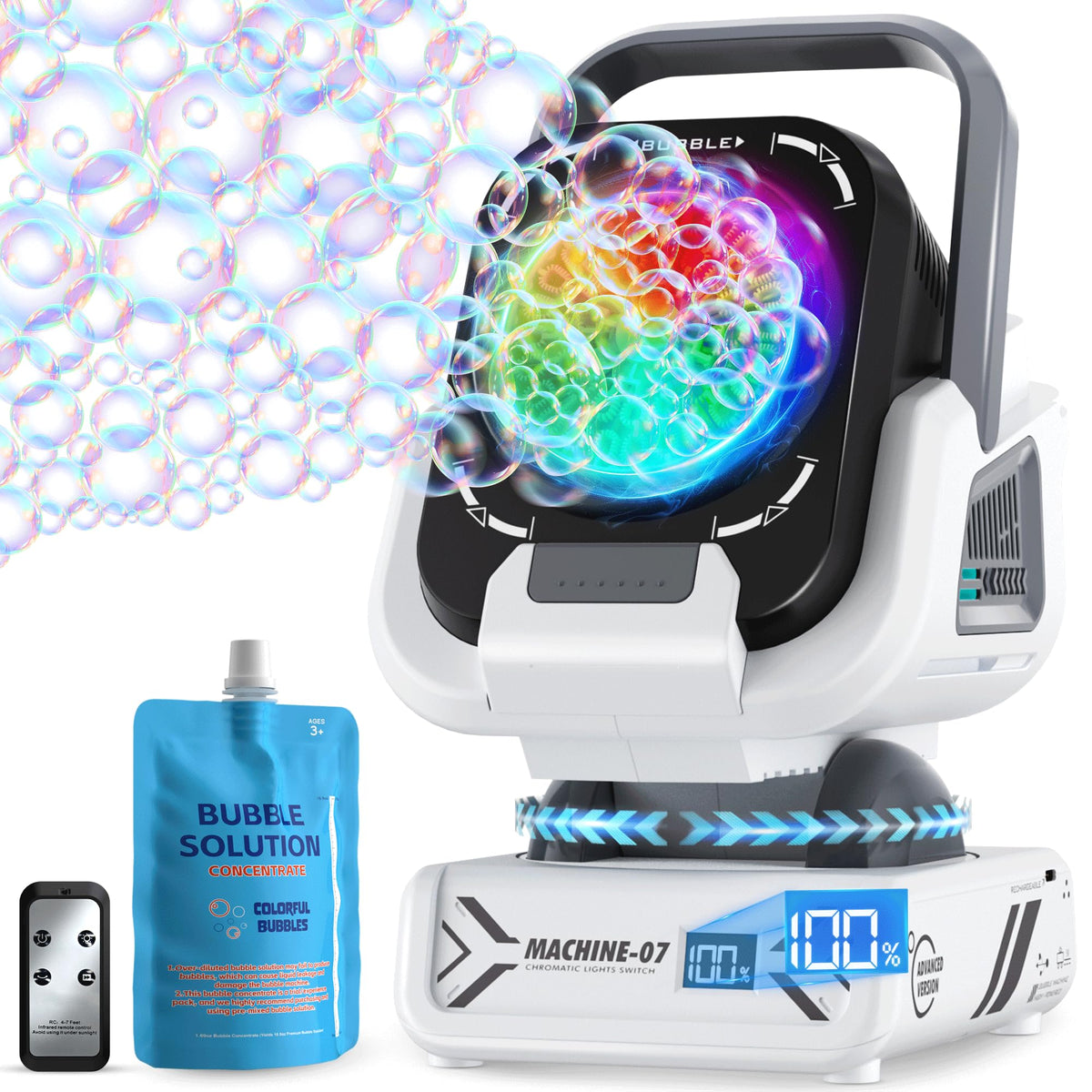 Kiskey bubble machine front view with vibrant lights for lively indoor parties