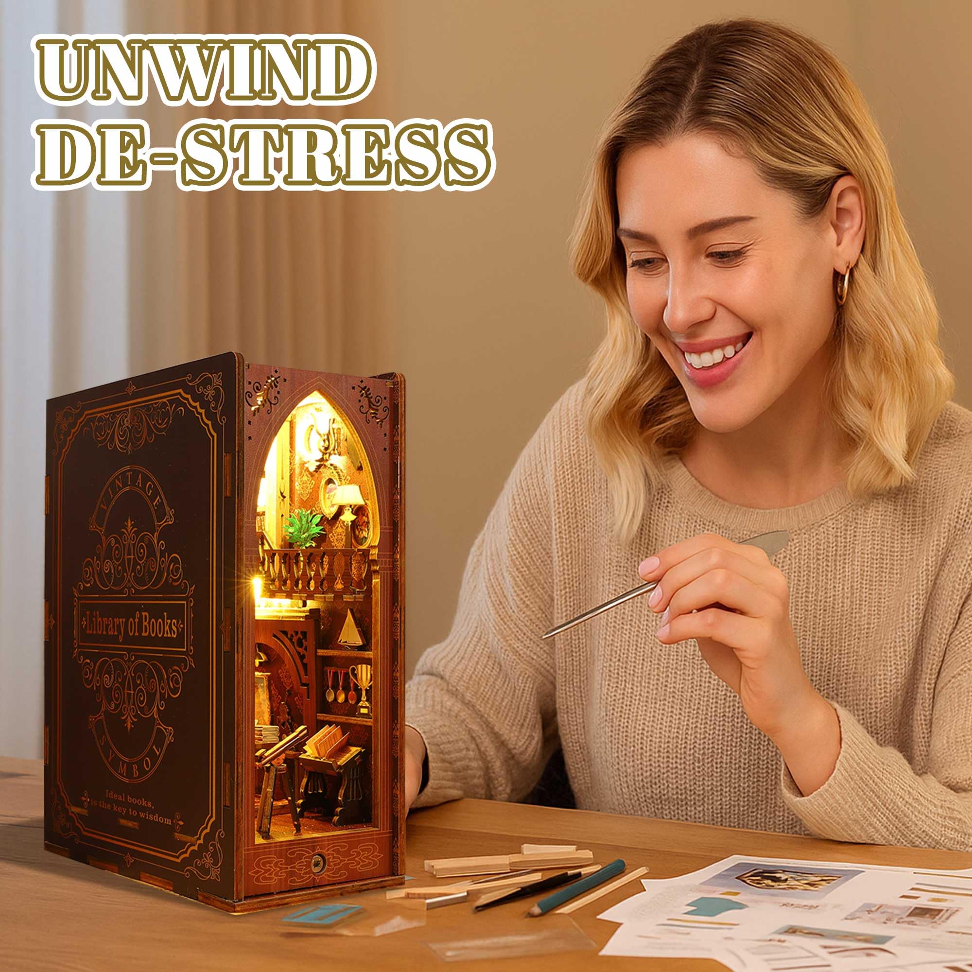 Kisoy Book Nook Kit miniature house scene enhances your bookshelf.