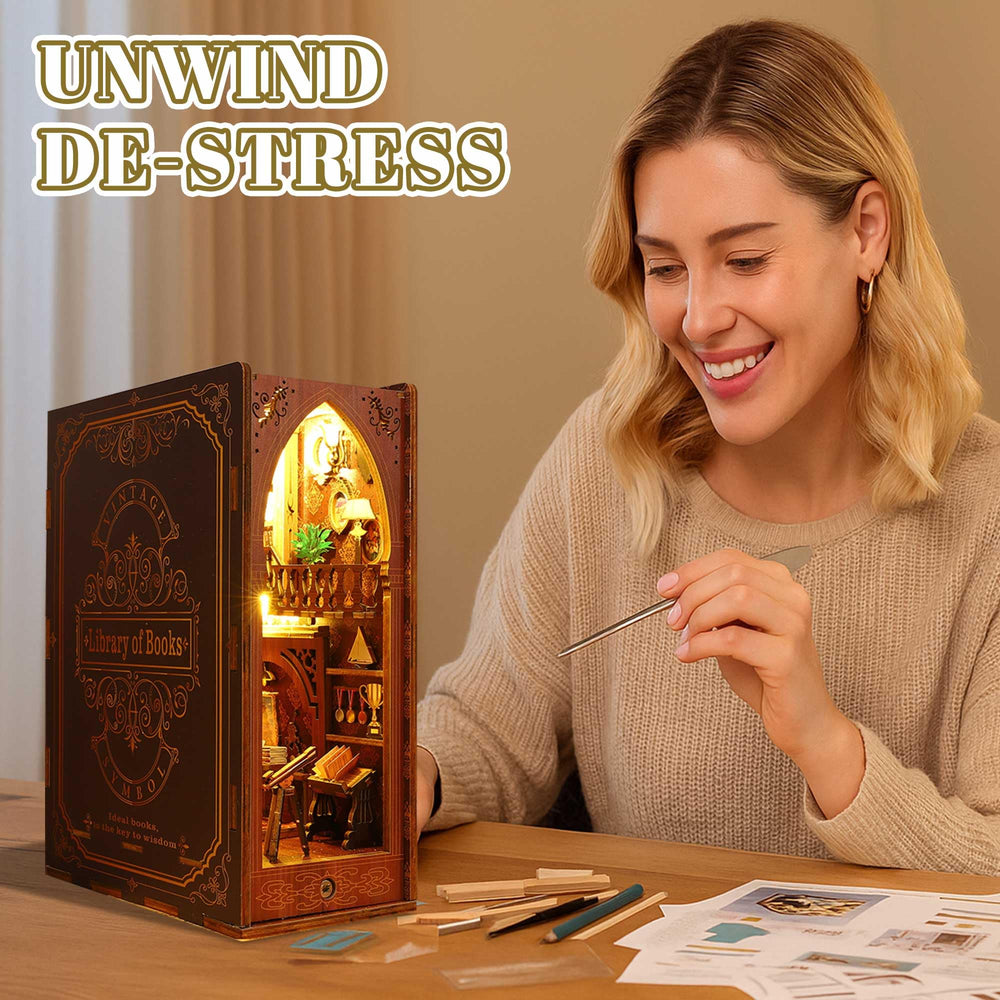 Kisoy Book Nook Kit miniature house scene enhances your bookshelf.