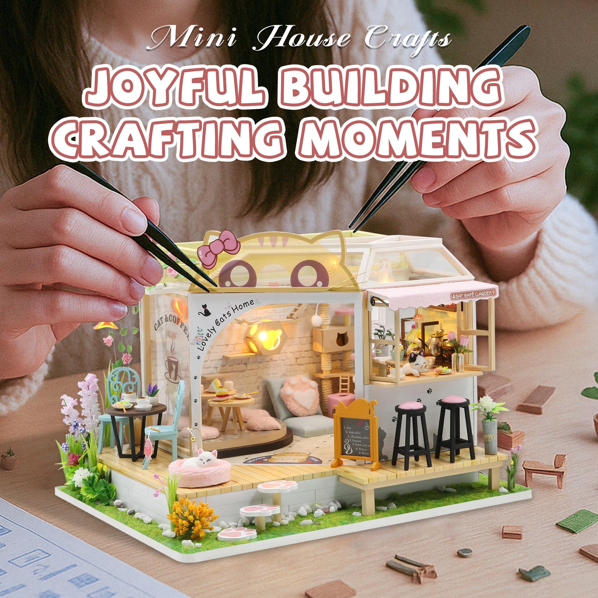 Kisoy Cat Cafe Garden miniatures add charming cafe details to the scene.