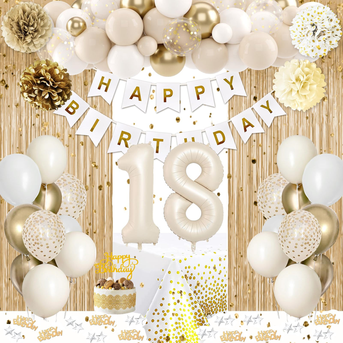KISPATTI sand white gold balloons create an elegant backdrop for 18th birthday celebrations.
