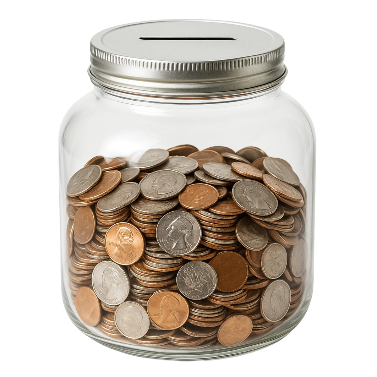 Kitchentoolz half-gallon glass coin bank with slotted lid, easy deposits and clear viewing.