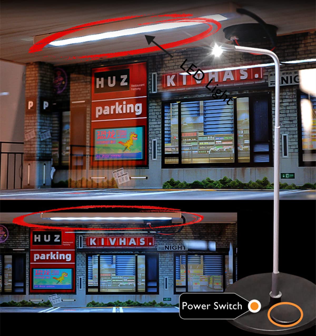 Kivcmds LED lighting and street light illuminate the display