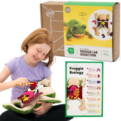 KiwiCo Froggie Lab plush front view inviting hands-on anatomy exploration for kids.