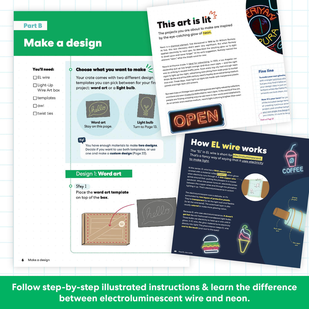 KiwiCo Light-Up Wire Art Kit instruction booklet supports hands-on science exploration.
