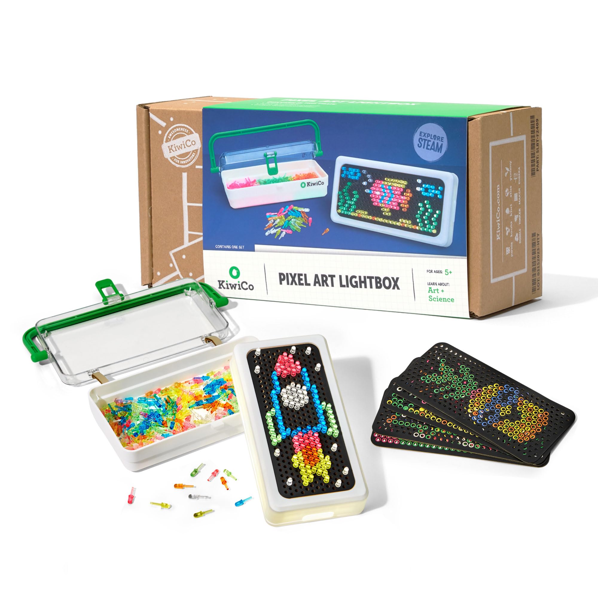 KiwiCo Pixel Art Kit glow lightbox displays vibrant designs for kids' creative play