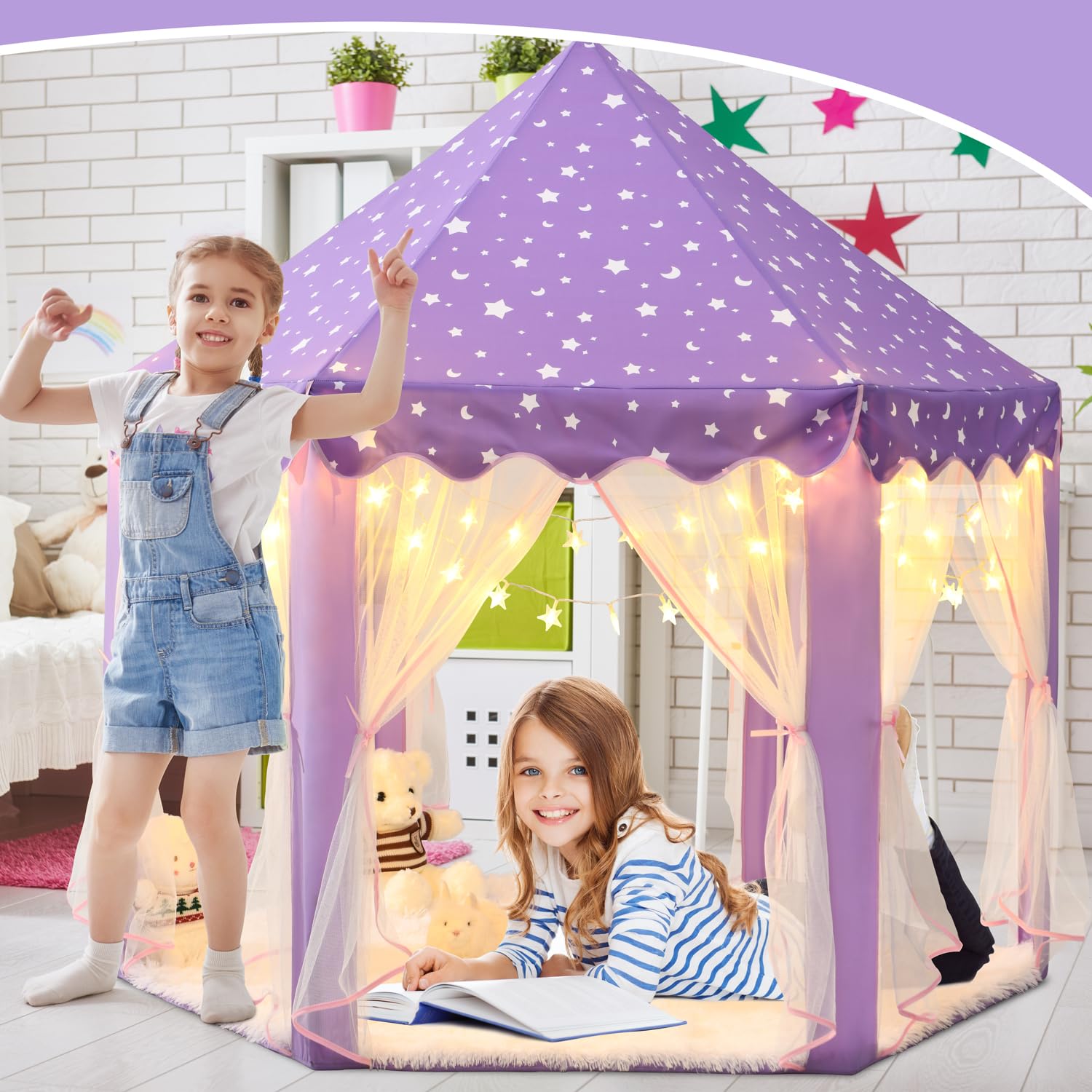 KIXINWA 55x53 inch princess tent with spacious interior for multiple kids.