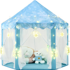 KIXINWA Frozen Princess Tent with LED snowflake lights for magical indoor play
