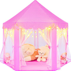 KIXINWA pink princess tent with LED stars creates a magical play space for kids.