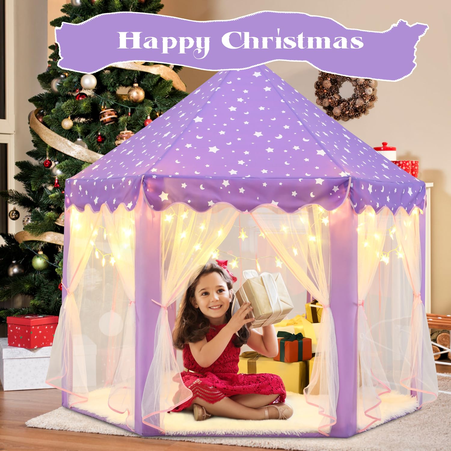 KIXINWA Princess Tent with LED star lights creates dreamy ambience for storytime.