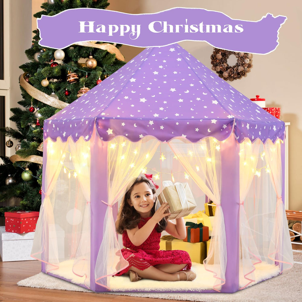 KIXINWA Princess Tent with LED star lights creates dreamy ambience for storytime.